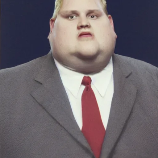 Prompt: photograph of a tall, angry, slightly obese man in his mid 7 0's, with blonde hair and an orange face, wearing a dark blue suit, a white shirt, and a red tie