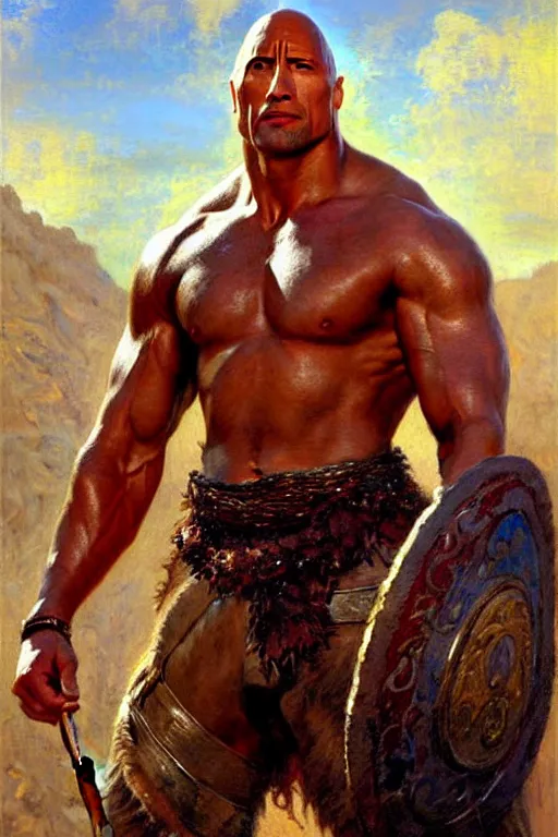 Image similar to Dwayne Johnson as gladiator, muscular, detailed face, correct face, painting by Gaston Bussiere, Craig Mullins