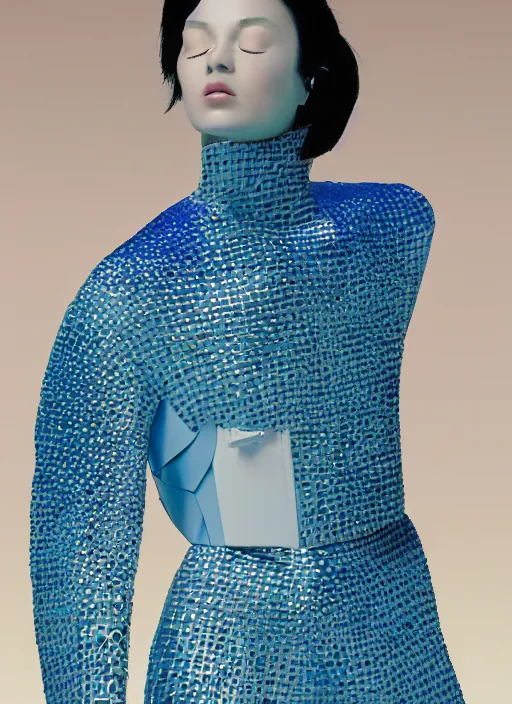 Prompt: a digital portrait of an european girl detailed features wearing a cyber kimono latex suit wedding dress - synthetic materials imac bondi blue 1 9 9 8 by issey miyake by ichiro tanida and mitsuo katsui