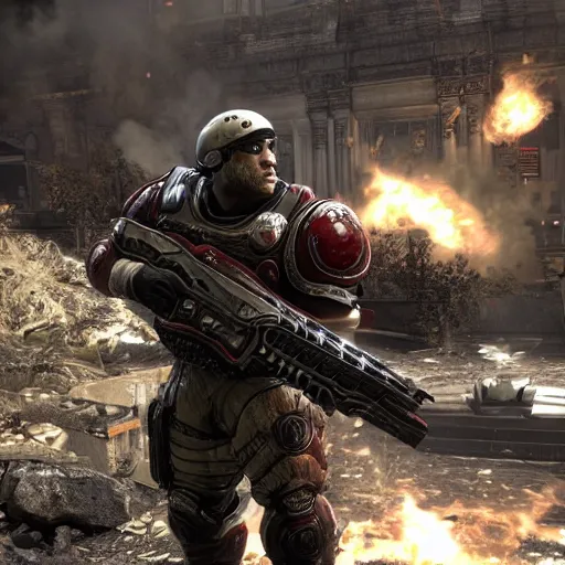 Prompt: burger king king mascot in gears of war, cinematic shot, hyperdetailed