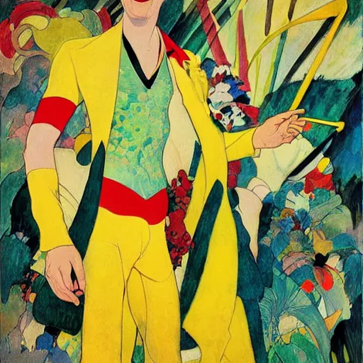 Image similar to art by joshua middleton, the yellow creeper, a tall manically smiling yellow - skinned man with green and black striped cycling shorts and wearing a long red feather boa, mucha, kandinsky, poster, comic art, stylised design