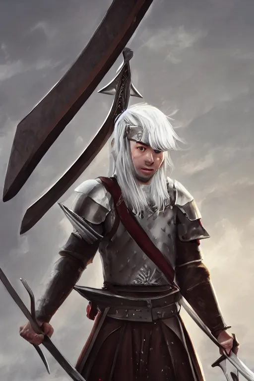 Image similar to A character splash art of a medieval soldier wielding two swords by by cho youngjae and _ MOOWM _ , white hair, young man, trending on artstation 4k, unreal engine,