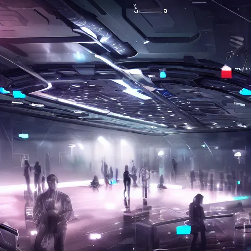 Image similar to hall in cyber space concept, a lot of people siting on tables, large screen, artstation