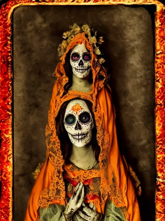 Image similar to tintype virgin mary in dia de muertos dress and make up, horrific beautiful vibe, evocative, atmospheric lighting, painted, intricate, highly detailed,