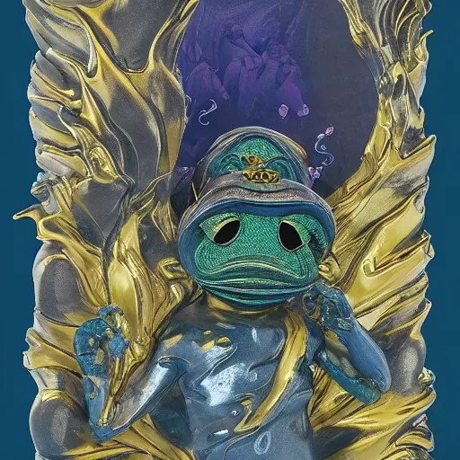 Image similar to plasticine wet shiny angels, crystal, moonlit, mirrors, camera angled dramatically, realistic, a hyperdetailed design of pepe the frog, wearing blue shirt, ferocious, chinese mythology, victo nga, fumo yoshitoshi, ren jing jeong, feifei ruan, peter mohrbacher, takato yamamoto