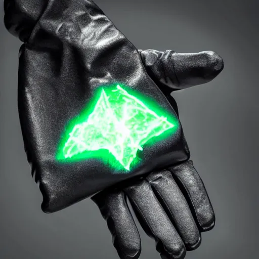 Image similar to a glowing shard of kryptonite held in an open black - gloved hand, black background