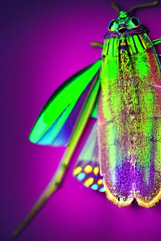 Image similar to high quality close-up photo iridescent moth! jeweled gorgeous! highly detailed david ligare elson peter cinematic purple neon lighting high quality low angle hd 8k sharp shallow depth of field