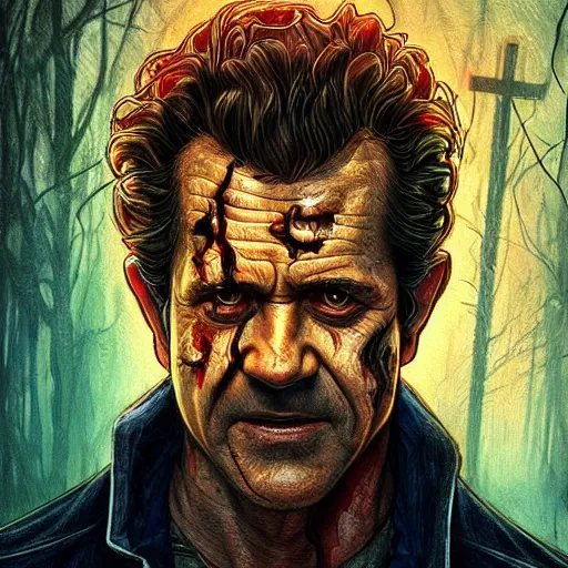 Image similar to portrait of Mel Gibson as a Stranger Things villain, bloody, sinister, intricate, headshot, highly detailed, digital painting, artstation, concept art, sharp focus, illustration, art by artgerm and greg rutkowski and alphonse mucha