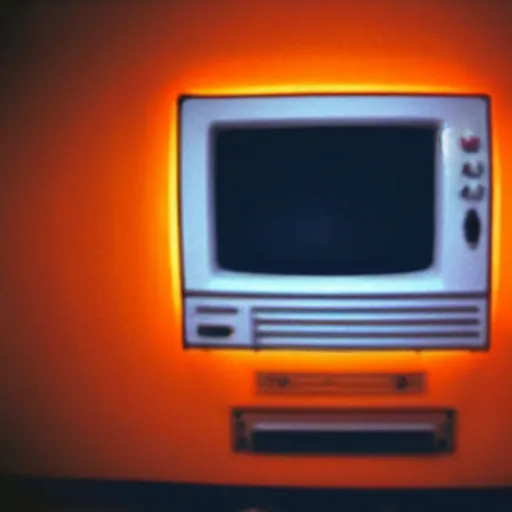 Image similar to low fidelity, low quality grainy image of a bright crt in a cluttered, claustrophobic orange room. the walls are closing in, the window to the digital soul stares intently