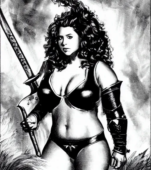 Prompt: 1 9 8 0 s fantasy novel book cover, bbw plus size amazonian young jenna fischer in extremely tight bikini armor wielding a cartoonishly large sword, exaggerated body features, dark and smoky background, low quality print