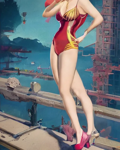 Prompt: Beautiful full body portrait of margot robbie by wlop, rossdraws, Gil Elvgren, Alberto Vargas, mingchen shen, arney freytag, artstation, fantasy photoshoot, Suze Randall, mingchen shen, bangkuart, sakimichan, yan gisuka, jeongseok lee, vibrant color, grand theft auto, urban jungle, fashion pose, octane, 4k