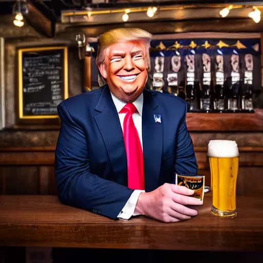 Image similar to portrait of trump grinning and offering a pint of beer to the viewer, realistic, detailed, 4 k, photography