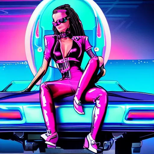 Image similar to synthwave cyberpunk girl detailed cybernetic face teardrops wearing latex biker catsuit holding a sitting on a stack of speakers in the back of a blue 1967 chevy camero, pink blue and red in a neon city in the style of a comic book sunset city