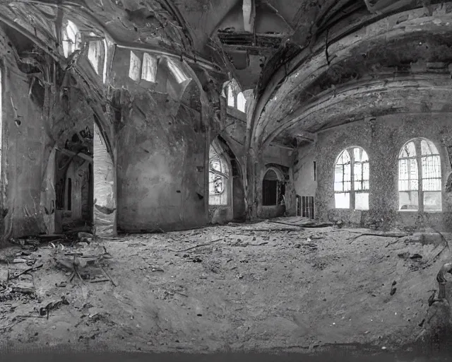 Prompt: game screenshot of a group of CTs in an abandoned church, high exposure, dark, monochrome, camera, grainy, CCTV, security camera footage, timestamp, zoomed in, fish-eye lense, source engine footage, CS:GO screenshot, steam community