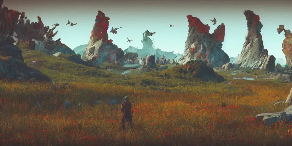 Image similar to 3d painted landscape with a man made monument in the center by james jean in no mans sky style, redshift, octane