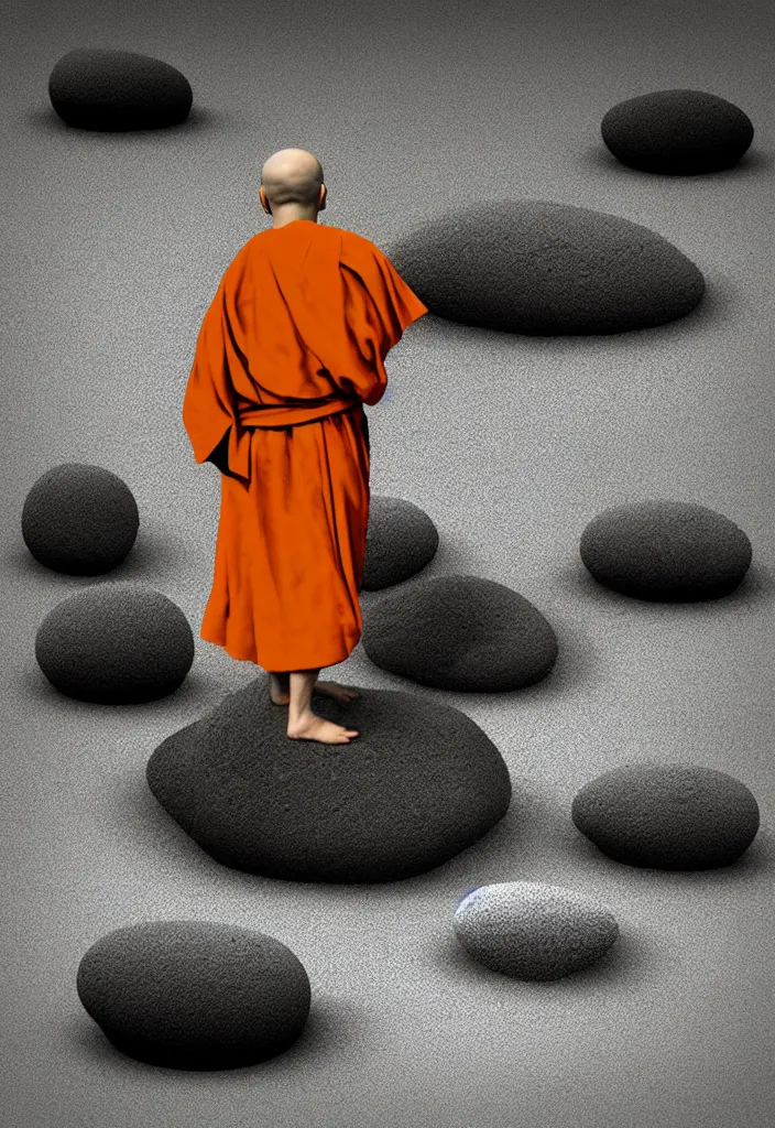 Image similar to portrait of a lone monk raking stones in a beautiful serene zen garden kyoto, japan, a collage painting, in the style of wes anderson, lola dupre, david hockney, isolated on negative white space background dark monochrome fluorescent neon spraypaint accents volumetric octane render