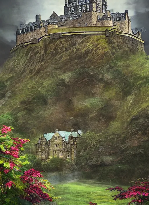 Image similar to a beautiful digital graphics design portrait of Edinburgh castle in Edinburgh. Edinburgh gardens overgrown with plants, caledonian forest, matte painting, fantasy art, highly detailed