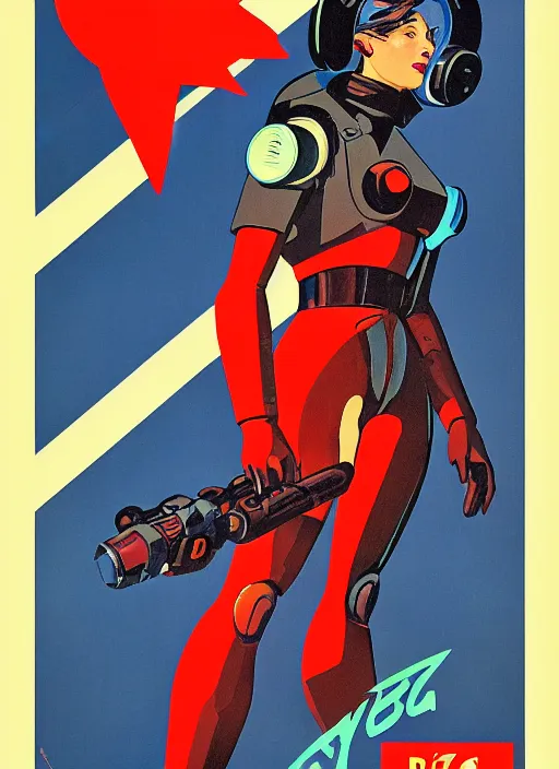 Image similar to soviet propaganda poster art. powerful cyberpunk pilot. portrait by jean giraud and anton otto fischer and john philip falter and will eisner and gil elvgren and pixar. full body. realistic proportions. science fiction d & d. overwatch, rb 6 s, cyberpunk 2 0 7 7, blade runner 2 0 4 9. cel shading. thick lines.