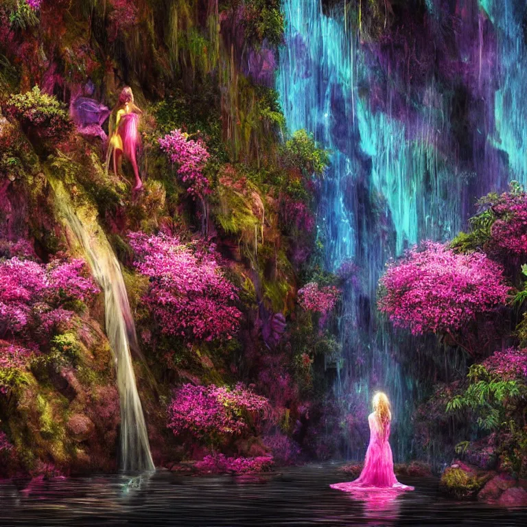 Image similar to oil painting, rich deep colors masterpiece, waterfall, night lights, gray, pink, ultra detailed, beautiful fantasy cave scene, waitomo glowworm caves, contrast, neon drops, neon stones, alone redheaded flower girl and dress made of fresh flowers, volumetric light, atmospheric lighting, dramatic, cinematic, moody, octane render 4 k, 8 k