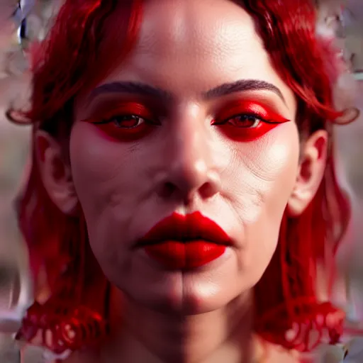 Image similar to hyperrealistic portrait of a women wearing thick red eyeliner with red lipstick, photorealistic, octane render, unreal engine, dynamic lighting, bet face, beautiful, wlop, cute, trending on artstation, fashion photography, volumetric lighting, very detailed faces, 4 k, award winning