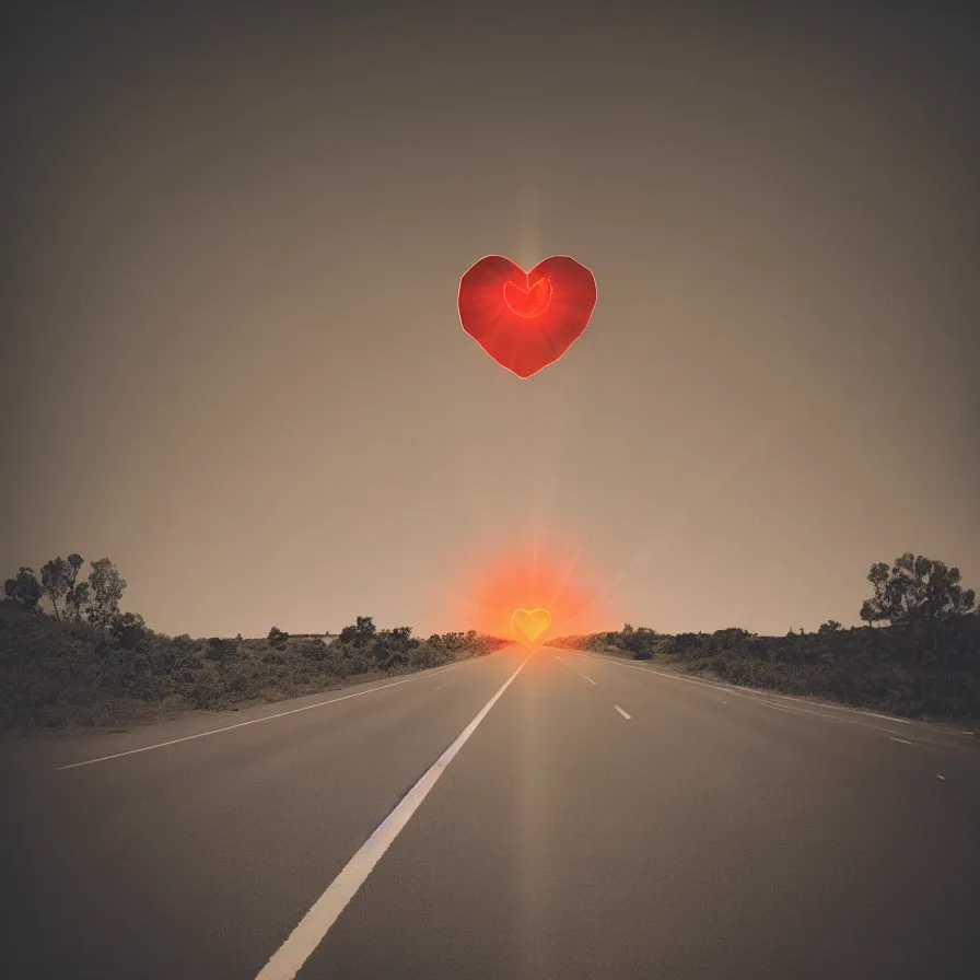 Prompt: atmospheric multiexposure photography of a highway road that is a blood artery leading to the heart sun. carefree vibes.