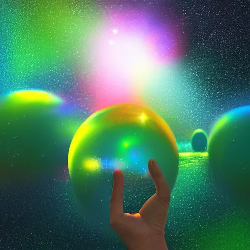 Image similar to a human hand holding a bunch of soap bubbles in a cosmos space full of stars and clouds, volumetric light, green and yellow colors, digital art, artstation