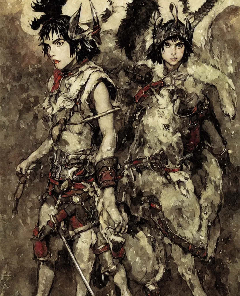 Image similar to portrait of fierce Princess Mononoke, fully clothed in armor, painted by norman rockwell, james gurney, denoised, sharp, architectural