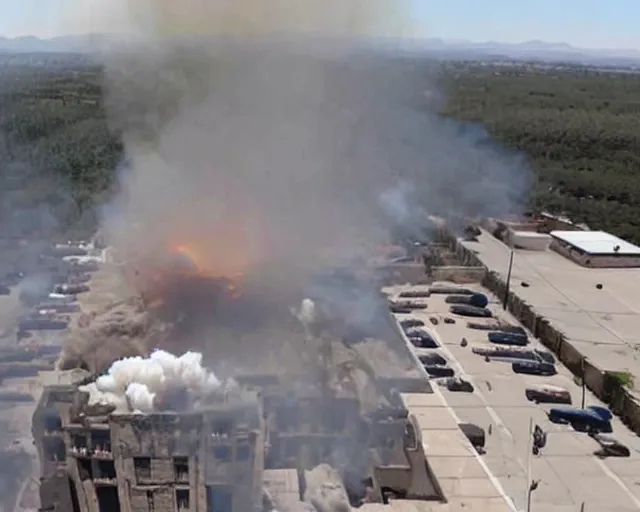 Image similar to birds eye view of el chapo exploding out of prison in deep meditation. there is smoke and fire everywhere. clear sunny day.