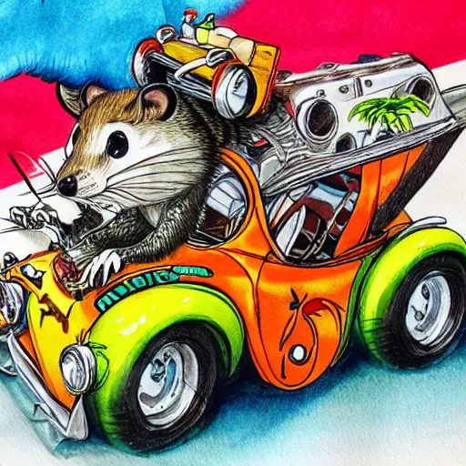 Prompt: ratfink style by ed roth, racoon riding in a tiny hot rod coupe with oversized engine, centered award winning watercolor pen illustration, by caroline choi, edited by range murata