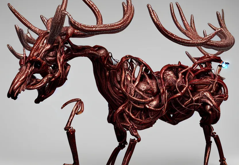 Image similar to stylized shiny polished silver statue full body bizarre extra limbs cosmic horror quadruped animal moose deer skull four legs made of marble of slug worm creature tendrils perfect symmetrical body perfect symmetrical face hyper realistic hyper detailed by johannen voss by michelangelo octane render blender 8 k displayed in pure white studio room anatomical deep red arteries veins flesh animatronic