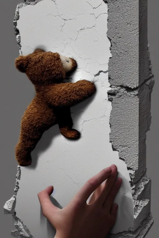 Prompt: giant crack hole on the white concrete wall, handcoming from inside the crack reaching towards camera. hand is holding a teddybear gloomy, intricate, elegant, highly detailed, digital painting, artstation, concept art, addiction, chains, smooth, sharp focus, illustration, art by ilja repin