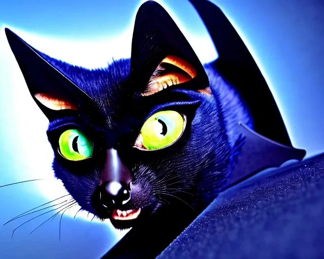 Image similar to a blue - and - black male catbat fursona with blue / green heterochromatic eyes ( differently - colored eyes, one eye green, one eye blue ) and huge bat ears, photo of the catbat streaming on his computer