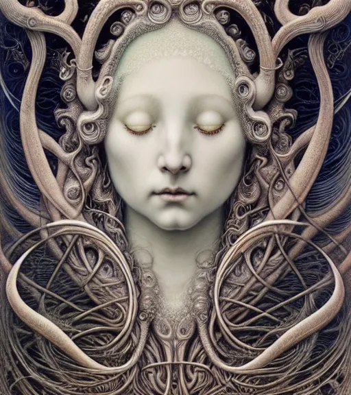 Image similar to beautiful moon goddess detailed realistic porcelain face portrait by jean delville, gustave dore, iris van herpen and marco mazzoni, art forms of nature by ernst haeckel, art nouveau, symbolist, visionary, gothic, neo - gothic, pre - raphaelite, fractal lace, intricate alien botanicals, ai biodiversity, surreality, hyperdetailed ultrasharp octane render