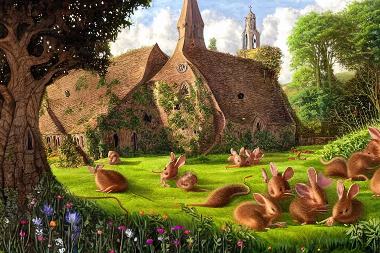 Image similar to an elaborate and dense painting of redwall abbey in mossflower wood with lots of mice and rabbits and otters walking around, detailed by brian jacques and greg rutowski