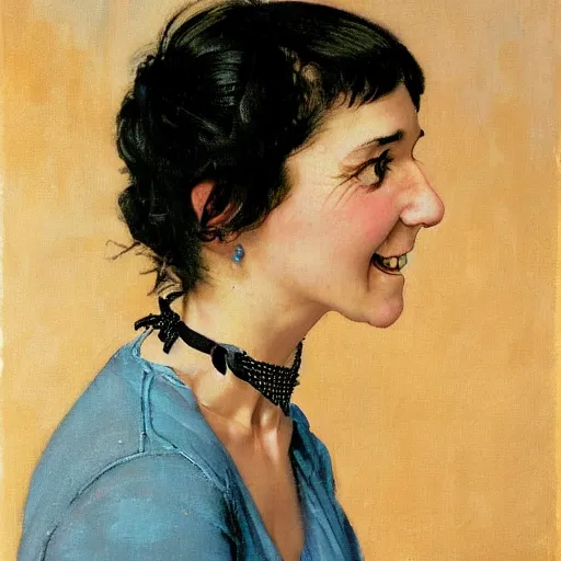 Prompt: Front portrait of an amused woman with black hair and ice blue eyes, wearing a spiked choker and an orange tank top. A painting by Norman Rockwell.