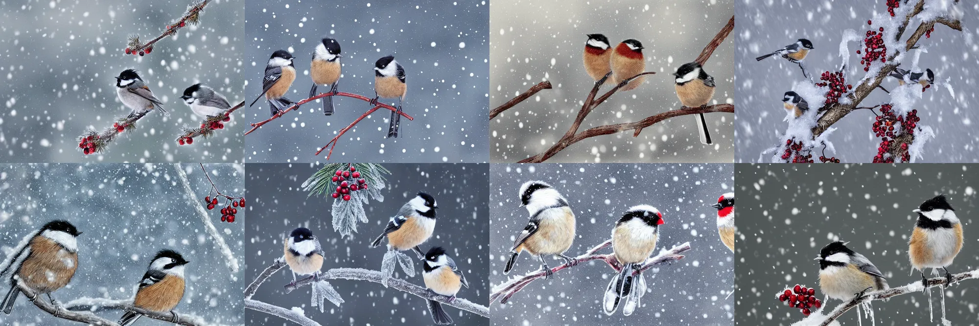 Prompt: a pair of chickadees, sitting on the branch of a mountain ash tree, with red berries and icicles, in the winter, snowing, gray sky with wispy clouds, by marco bucci, highly detailed