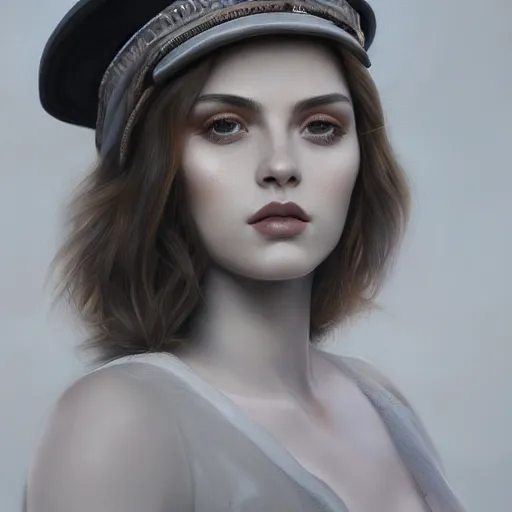 Image similar to tom bagshaw portrait, beautiful portrait of a woman with angel eyes in a suit, hair under a baseball cap, professionally retouched, focus eyes, ultra realistic soft painting, insanely detailed linework, symmetrical accurate intricate features, behance, 8 k