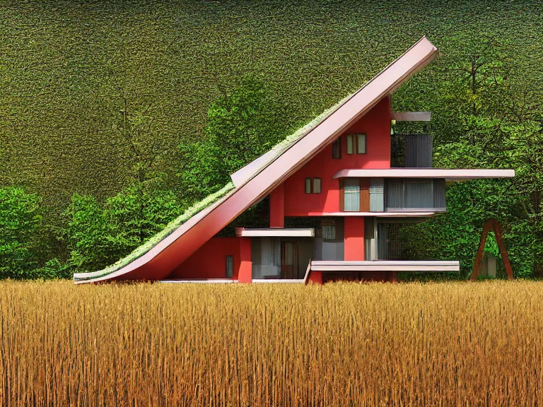 Prompt: hyperrealism colour design by frank lloyd wright and kenzo tange and hayao miyazaki photography from 5 point of perspective of beautiful detailed small solarpunk house with many details in small detailed ukrainian village designed by taras shevchenko and wes anderson and caravaggio, wheat field behind the house, around the forest volumetric natural light