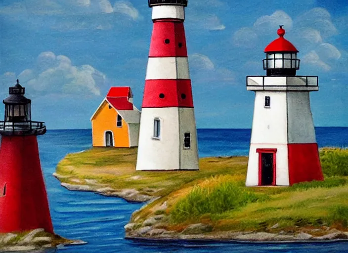 Image similar to whimsical simple folk art lighthouses, lowbrow, matte painting, 3 - d highly detailed, in the style of ammi phillips,