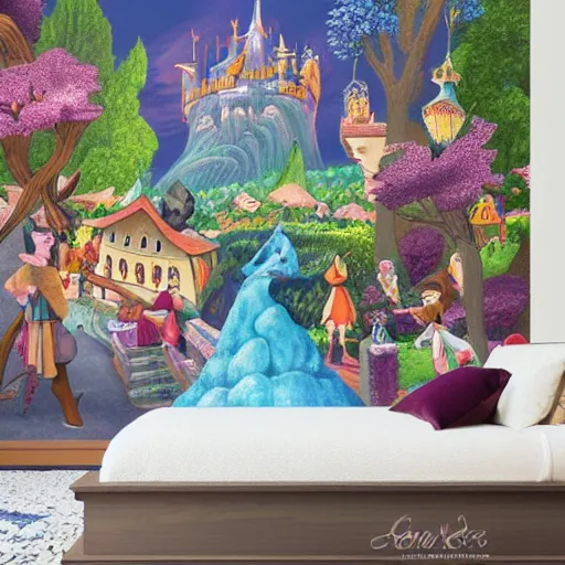 Image similar to a mural wall art design of a storybook fantasyland