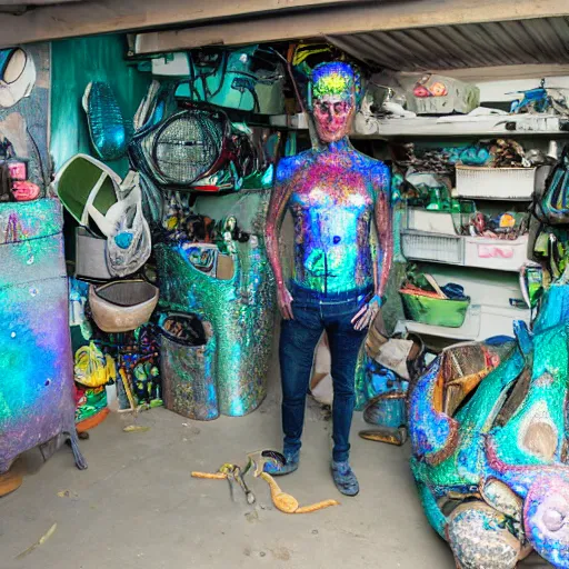 Image similar to a human standing in his garage, he is covered with iridescent bodypaint, shells and barnacles