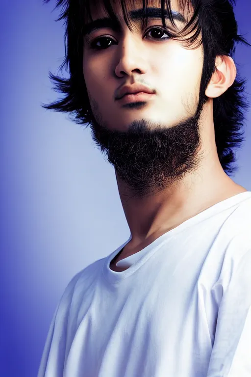 Prompt: beautiful medium shot manga portrait of a young arabic man inspired by ayami kojima with short hair dressed with a white t - shirt, white background white bank studio light, art by yoshitaka amano and shingo tamagawa, sharp focus, high quality, 8 k