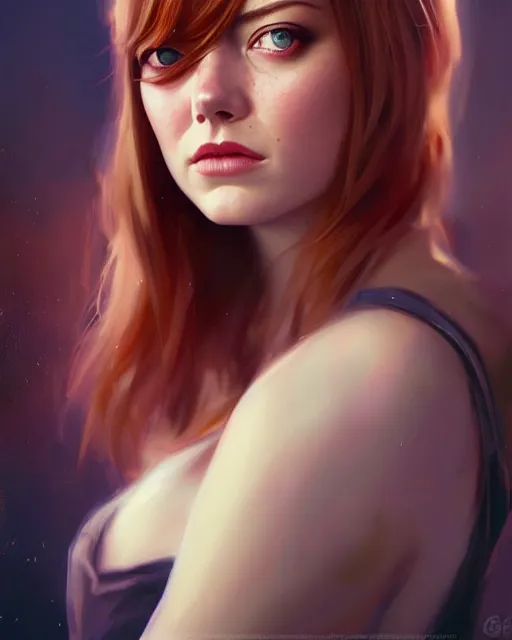 Prompt: emma stone lookalike portrait by greg rutkowski and charlie bowater, vivid, artgerm, aesthetic, fine details, colorful swirls, gaudy colors, luminescent, organic matte painting, realistic eyes, masterpiece, busy background, bokeh, depth of field