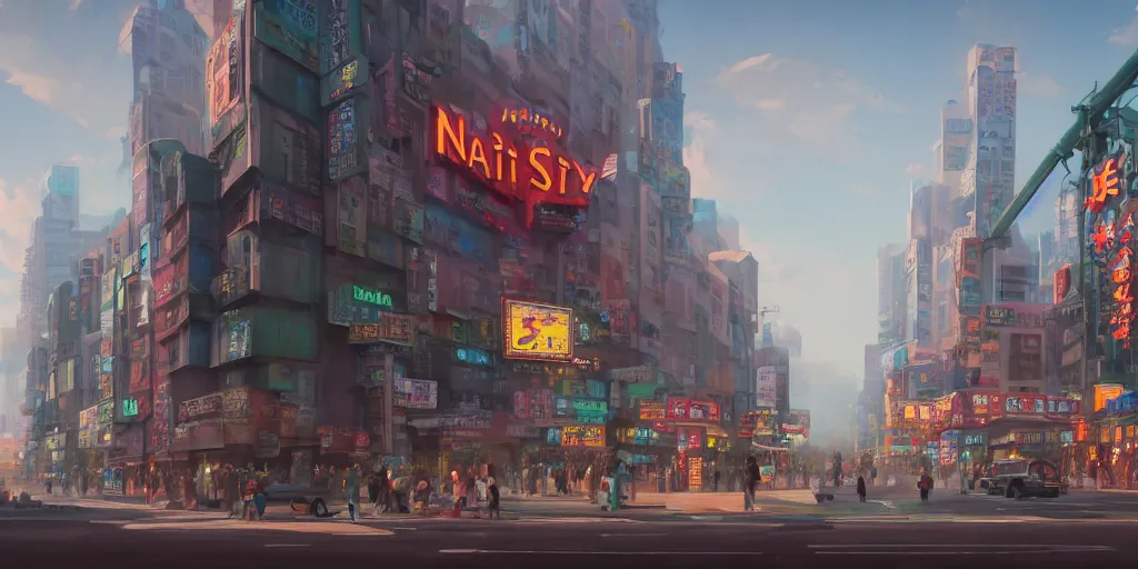 Prompt: A highly fantasy detailed matte painting of Buildings with Japanese Billboards and neonsigns by Studio Ghibli, Makoto Shinkai, by Artgerm, by WLOP, by Greg Rutkowski, volumetric lighting, octane render, 4K resolution, trending on artstation, masterpiece