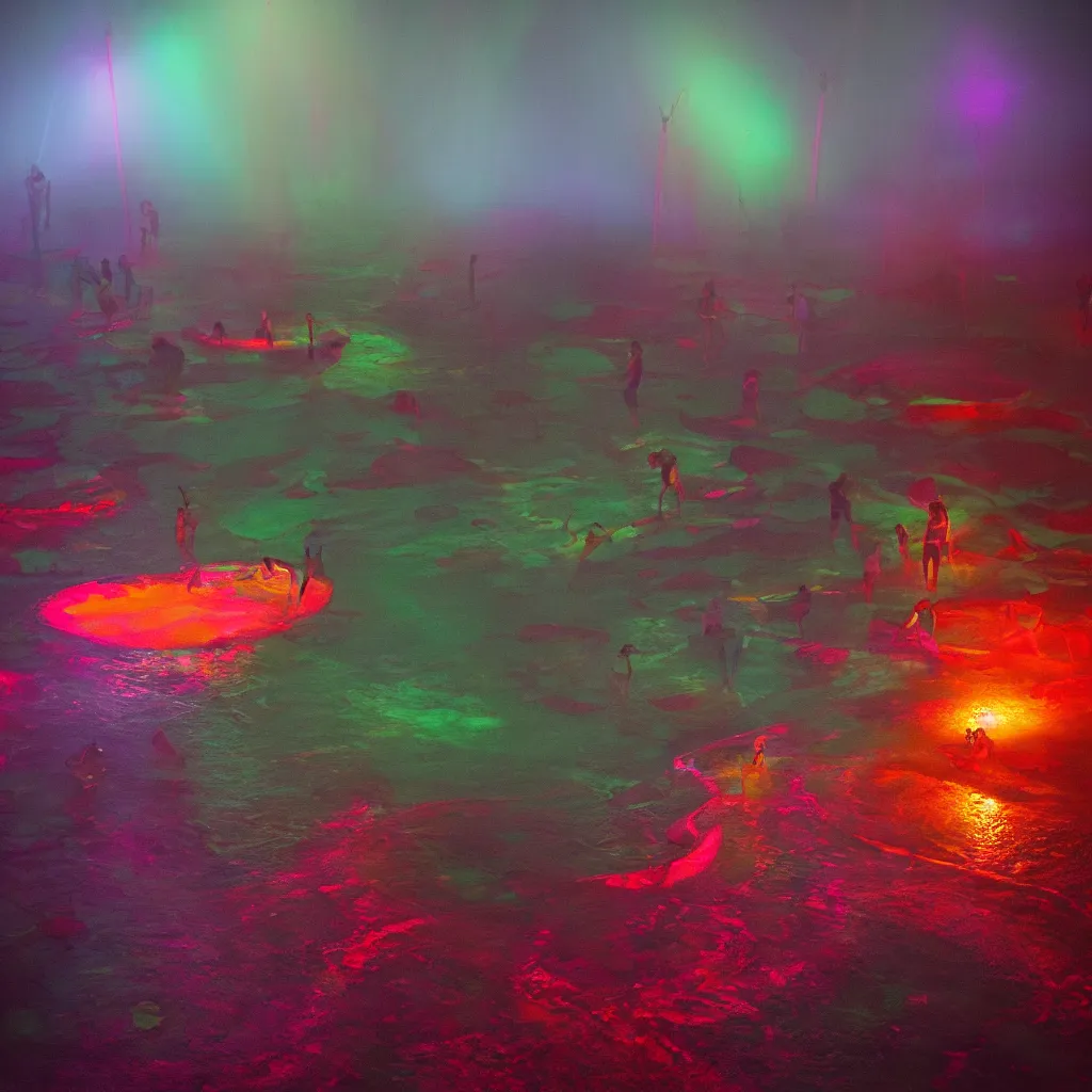 Image similar to rave in the red pond at night, light art, epic composition, by benoit paille, hd, octane, volumetric lighting, masterpiece,