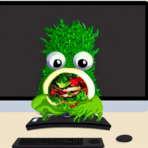 Image similar to a salad monster sits on a monitor inside an office