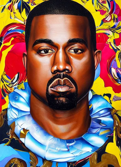 Image similar to ( ( ( ( ( beautiful painting of [ kanye west ], [ kanye west ] contemporary, colorful acrylic, airbrush painting [ realistic portrait ] ) ) ) ) ) by kehinde wiley and archan nair [ hyperrealism ]!!!!!!!