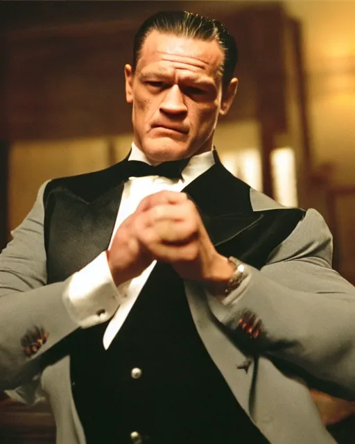 Prompt: film still close up shot of john cena as vito corleone from the movie the godfather. photographic, photography