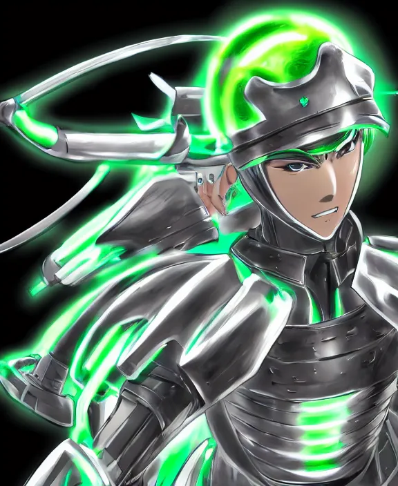 Image similar to an anime drawing of a futuristic warrior with jade green bladed armour and a futuristic helmet with a neon jade visor by Yusuke Murata, 4k resolution, detailed