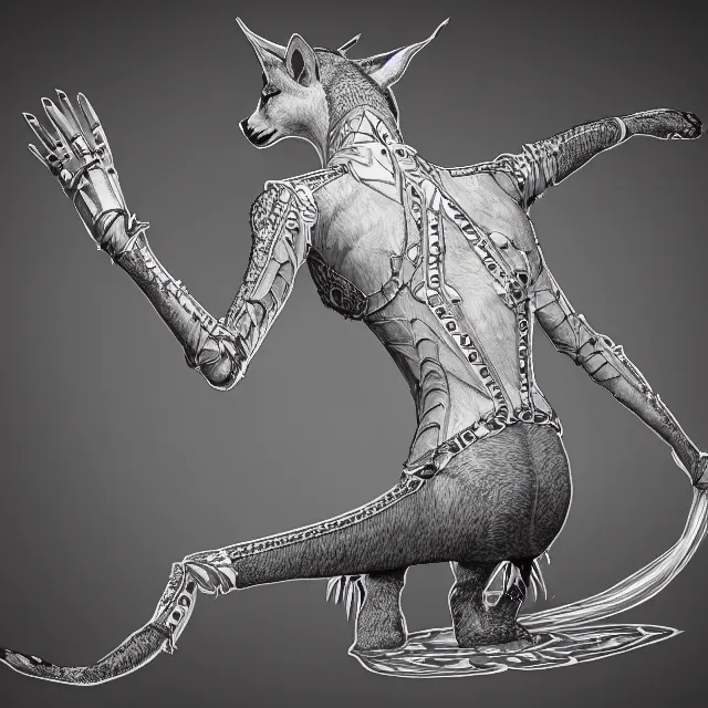 Image similar to the full body of anthropomorphic lynx fursona from behind wearing a steampunk suit as unimaginably beautiful, gorgeous, elegant, young woman with lynx head, an ultrafine hyperdetailed illustration by furaffinity, intricate linework, white fur, unreal engine 5 highly rendered, global illumination, radiant light, detailed and intricate environment